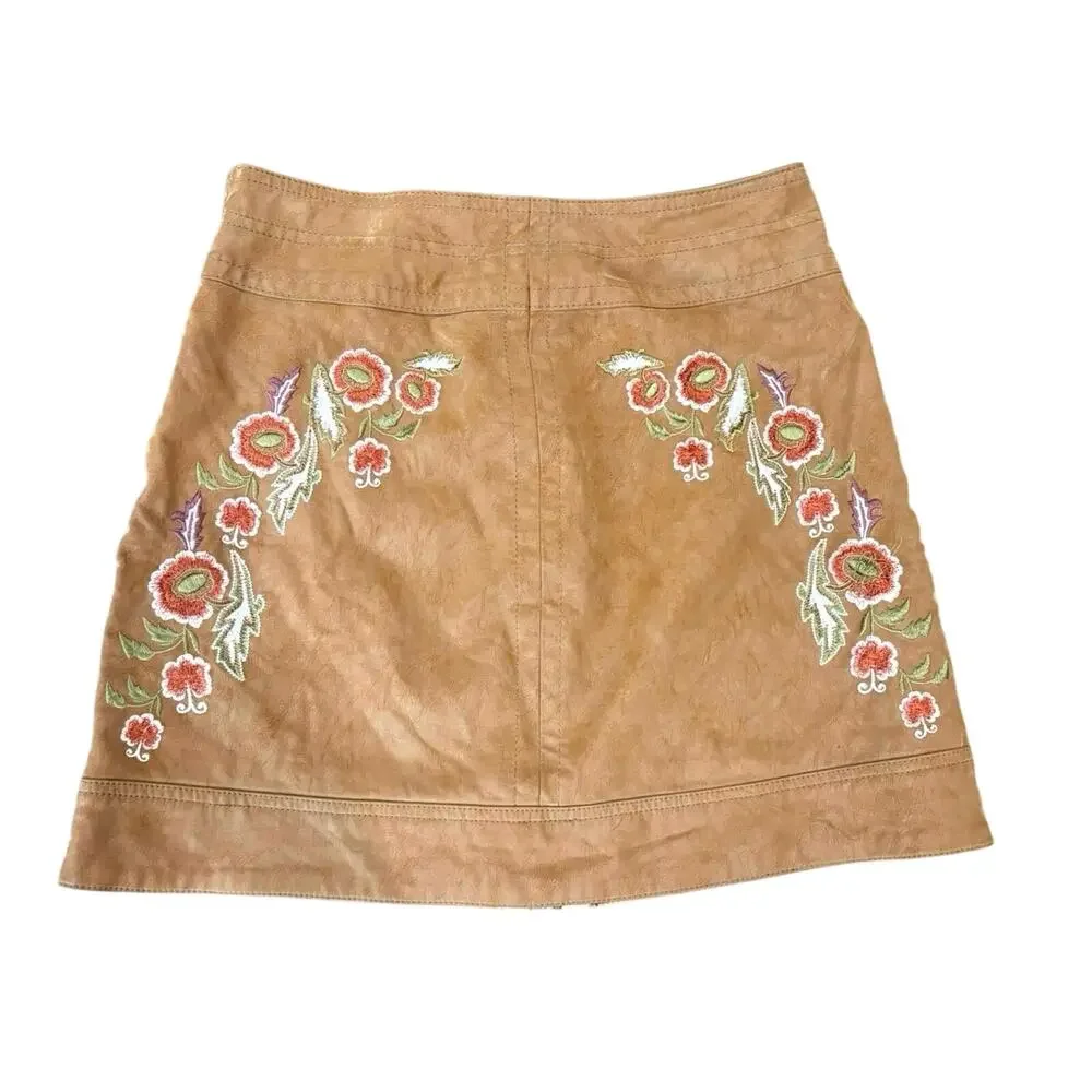 Free People Alanis Moto Brown Faux Leather Embroidered Front Zipper Mini Skirt 2 - Picture 2 of 3